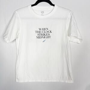 Uniqlo x Disney Womens Small S White Cinderella Short Sleeve Tee Clock Midnight